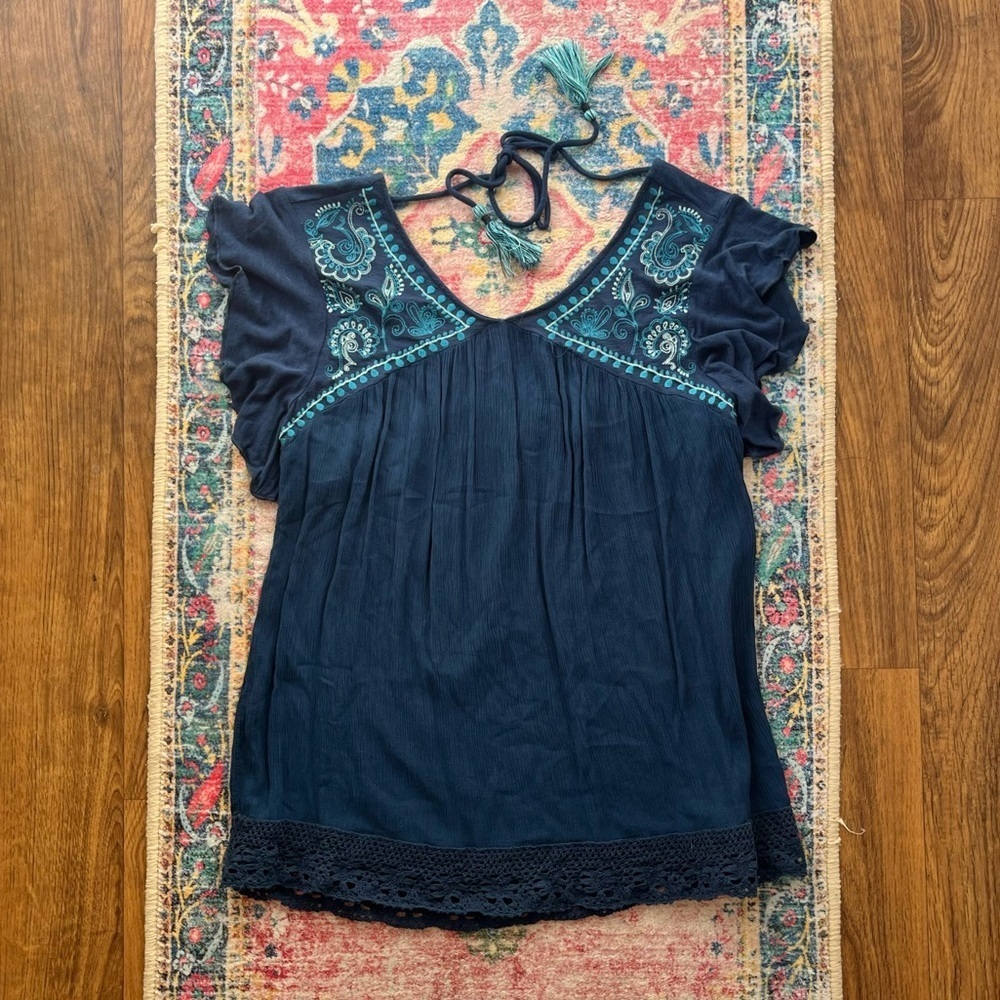 Knox Rose Royal Blue Embroidered Blouse with Back Tie
